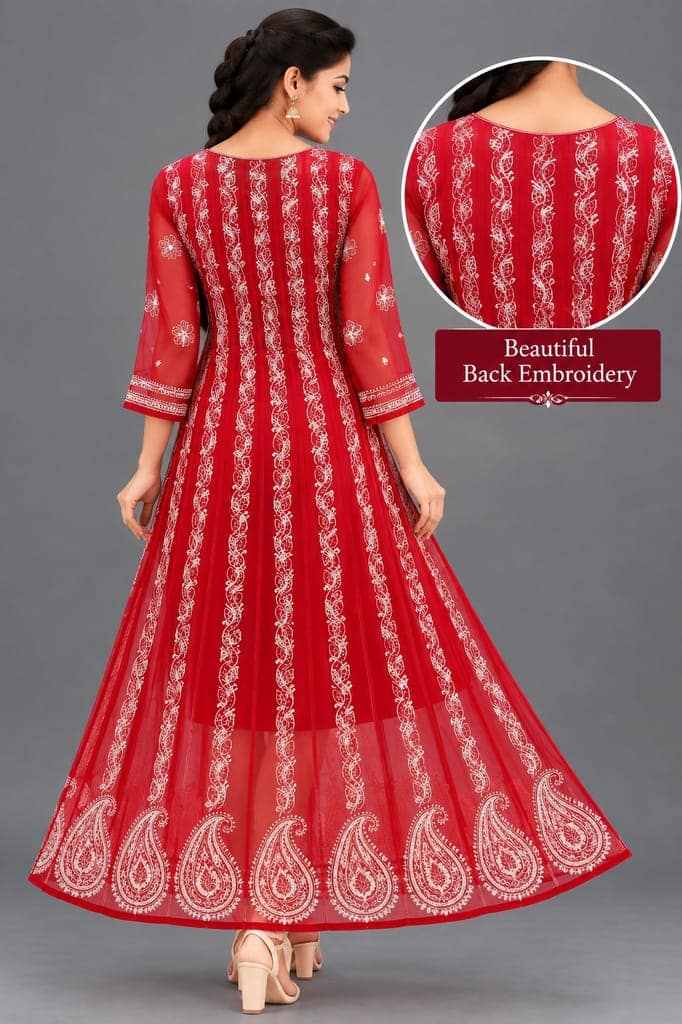 Mrs Right Women’s Lucknowi Chikankari Anarkali Kurta in Soft Georgette | Handcrafted Floral Embroidery | 3/4 Sleeves | 45 Inch Length | 74 Inch Flare | Festive Ethnic Wear view 4