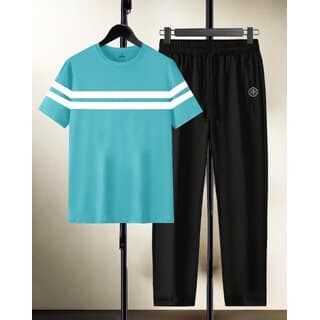AUSK Mens Casual Striped Cotton Blend Black & Sky Blue Summer wear Co-ords set of T-Shirt & Trakpant