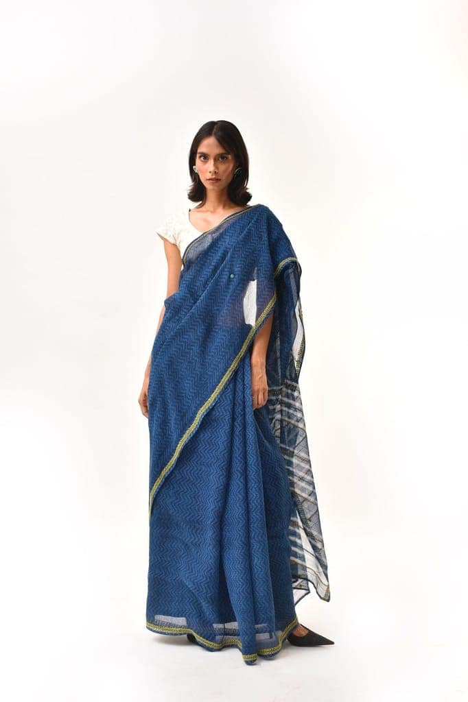 Fiza Indigo Hand-Embroidered Block-Printed Chevron Saree view 2