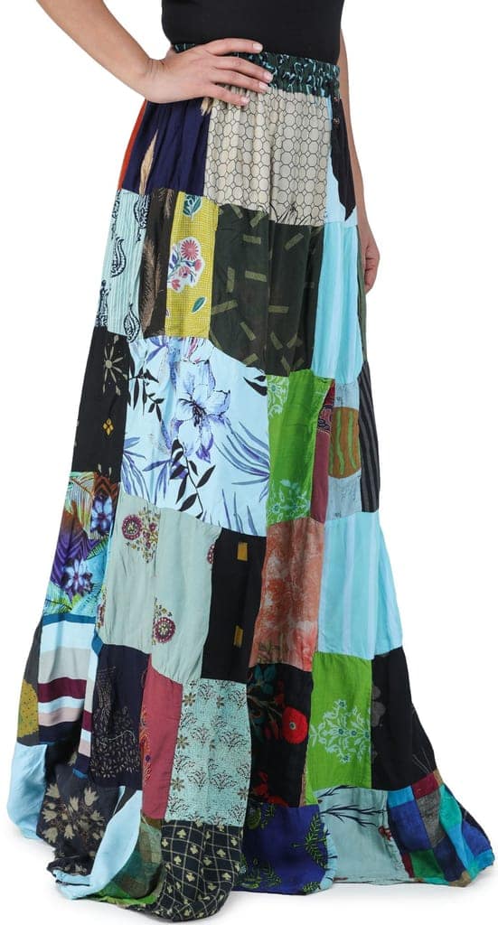Aqua-Splash Printed Long Boho Skirt from Gujarat with Patch Work view 2