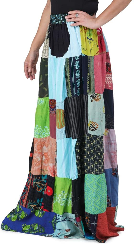Aqua-Splash Printed Long Boho Skirt from Gujarat with Patch Work view 3