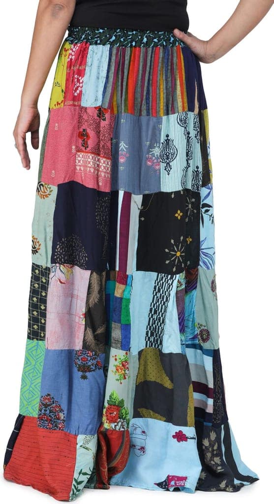 Aqua-Splash Printed Long Boho Skirt from Gujarat with Patch Work view 4