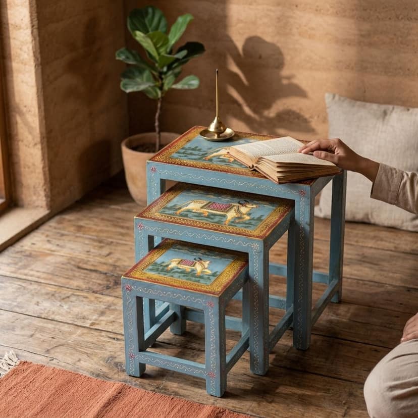Wooden Hand Painted Pichwai Art Nesting Side Stool Set of 3