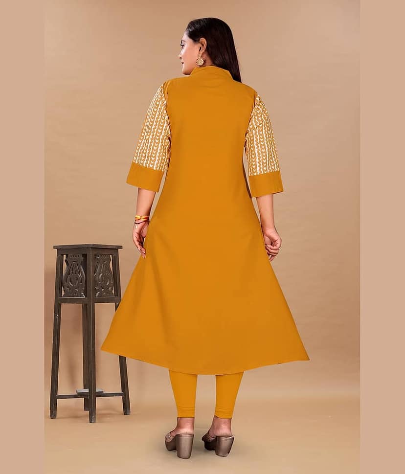 RIAANA Women Cotton Blend Printed Front Slit Kurti ( Mustard ) view 2