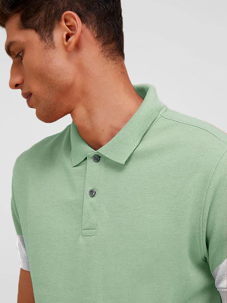 Men Solid Cotton Contrast Sleeve Tipping Slim Fit Polo T-shirt view 3