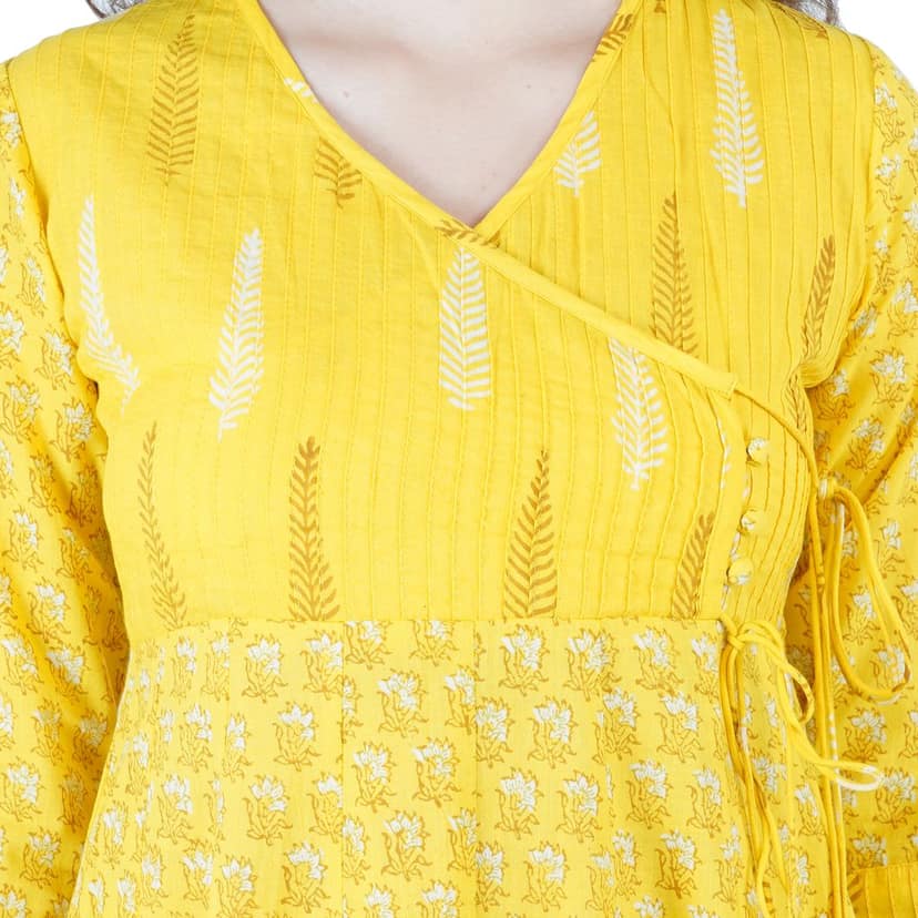 Pintuck Yellow Angrakha Kurti Pant Set view 7