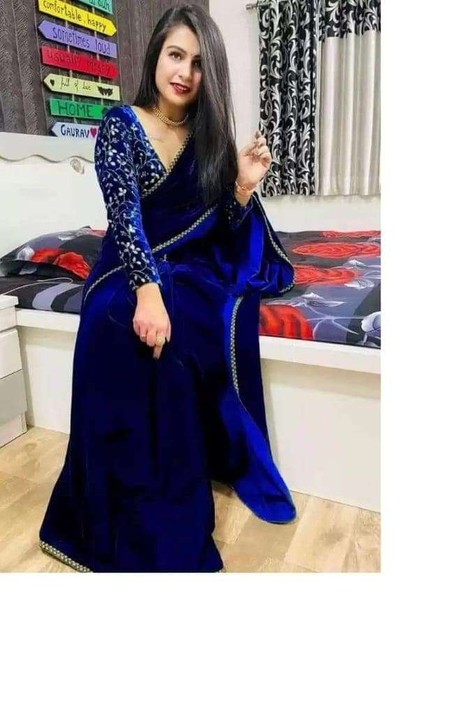Dream Crushers Women Heavy Velvet Embroidery Border Saree With Embroidery work Blouse Piece view 7
