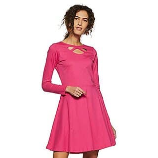 Miss Chase Womens Maroon Solid Full Sleeve Round Cut-Out Neck Mini Skater Dress