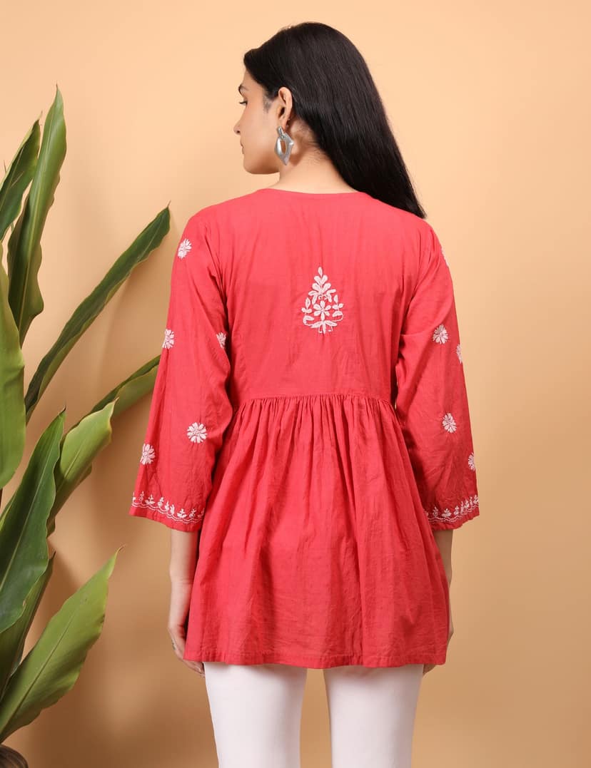 Shwet Women Red Chikankari Angarkha Top
