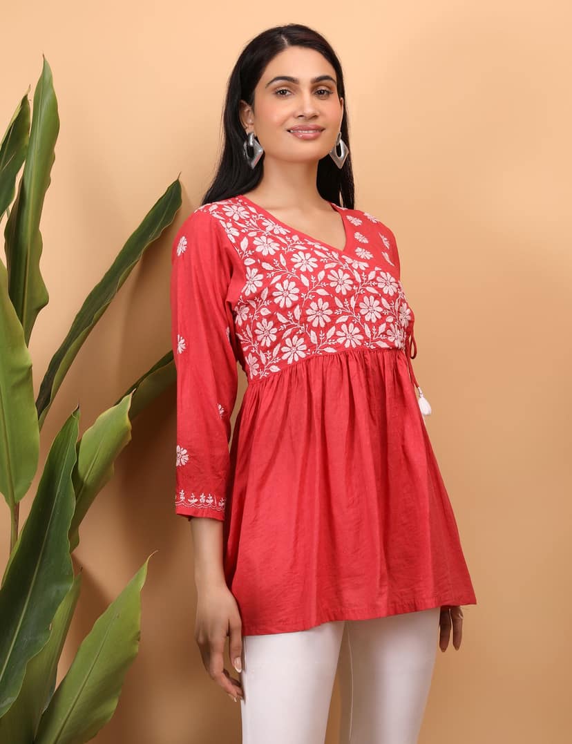 Shwet Women Red Chikankari Angarkha Top view 5