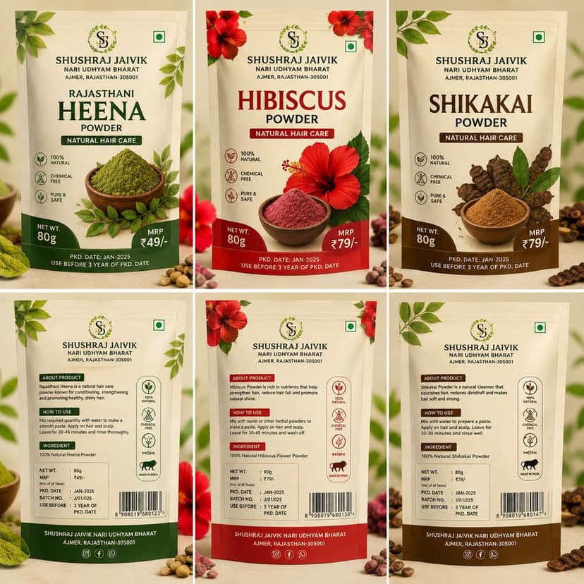SHUSHRAJ JAIVIK Rajasthani Heena, Hibiscus & Shikakai Powder Combo | 80g Each | Natural Herbal Hair Care view 3