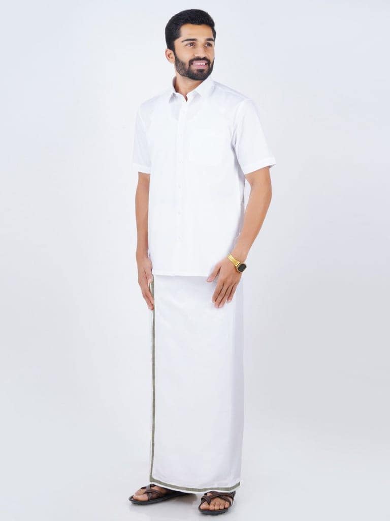 Mens Cotton White Shirt Bit with 1/2" Silver Jari Dhoti Combo Oscar view 2