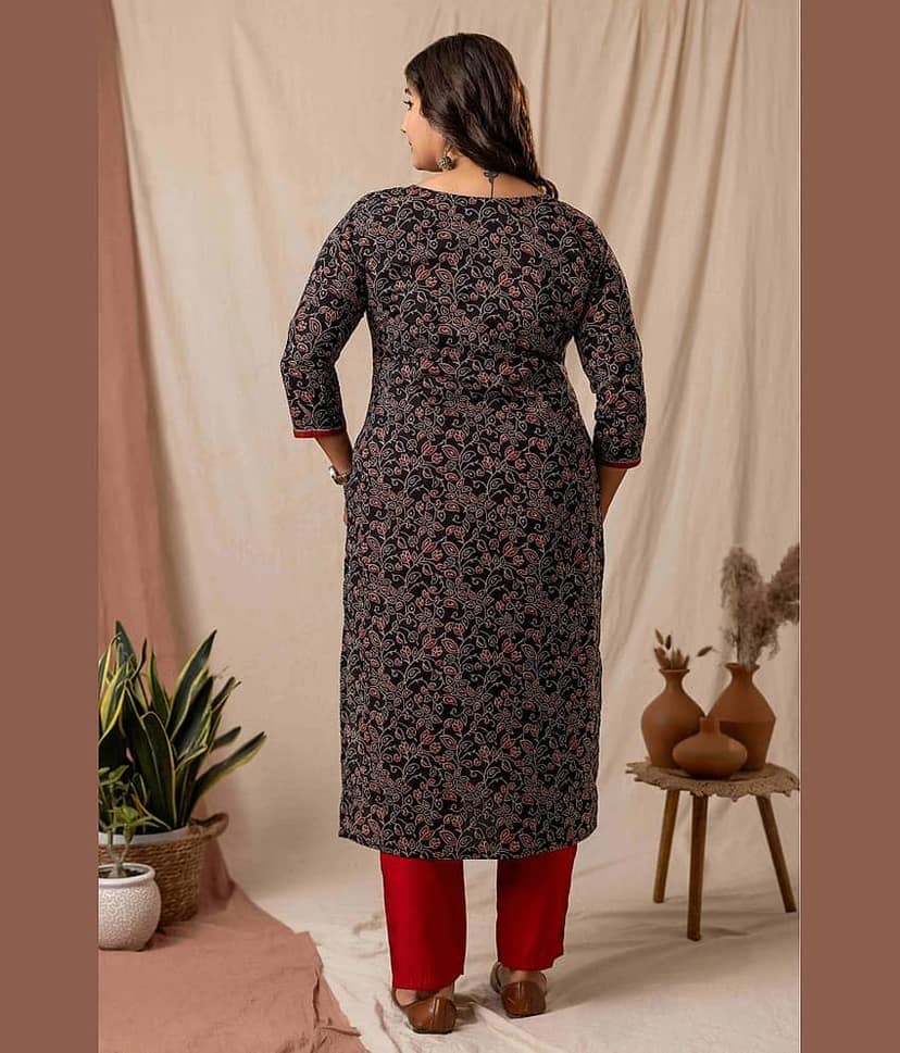 AMTHI Women Cotton Self Design A-line Kurti ( Black ) view 2