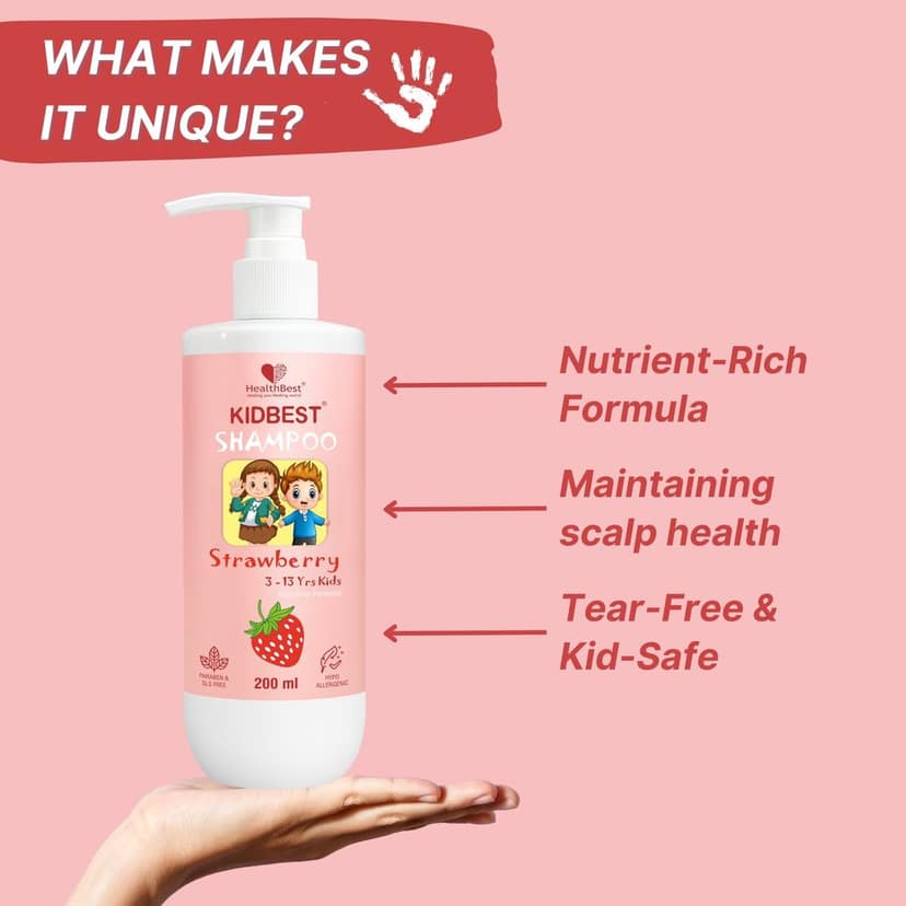 HealthBest Kids Gentle Cleansing Shampoo 200 ml for 3-13 Years with Real Strawberry Extract Almond Oil and Vitamin E Tear-Free Hypoallergenic pH 5.5 Sulphate and Paraben Free Vegan Safe for Sensitive Scalps view 3