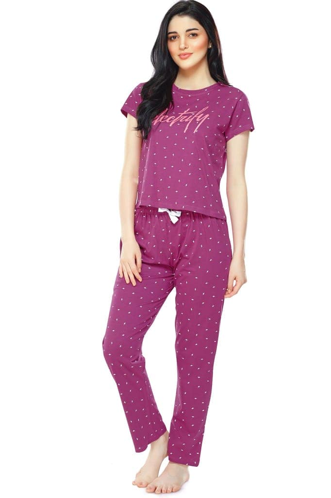 ZEYO Women's Cotton Navy Blue Flash Printed Stylish Night suit set view 4