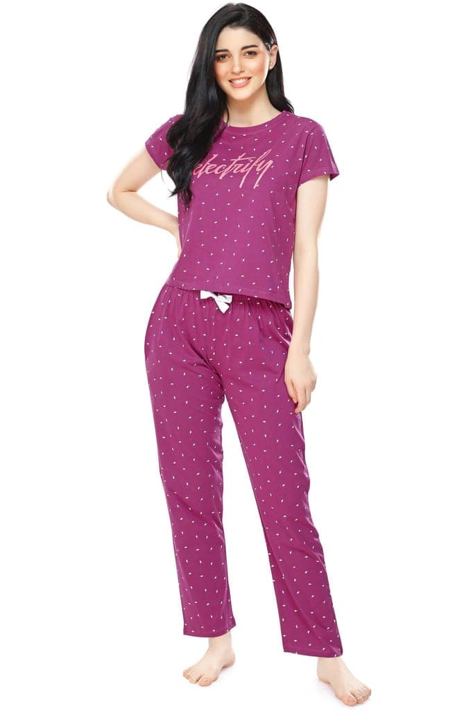 ZEYO Women's Cotton Navy Blue Flash Printed Stylish Night suit set view 5