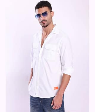 Bene Kleed 100% Cotton Regular Fit Solids Full Sleeves Cuban Collar Men's Casual Shirt (White)