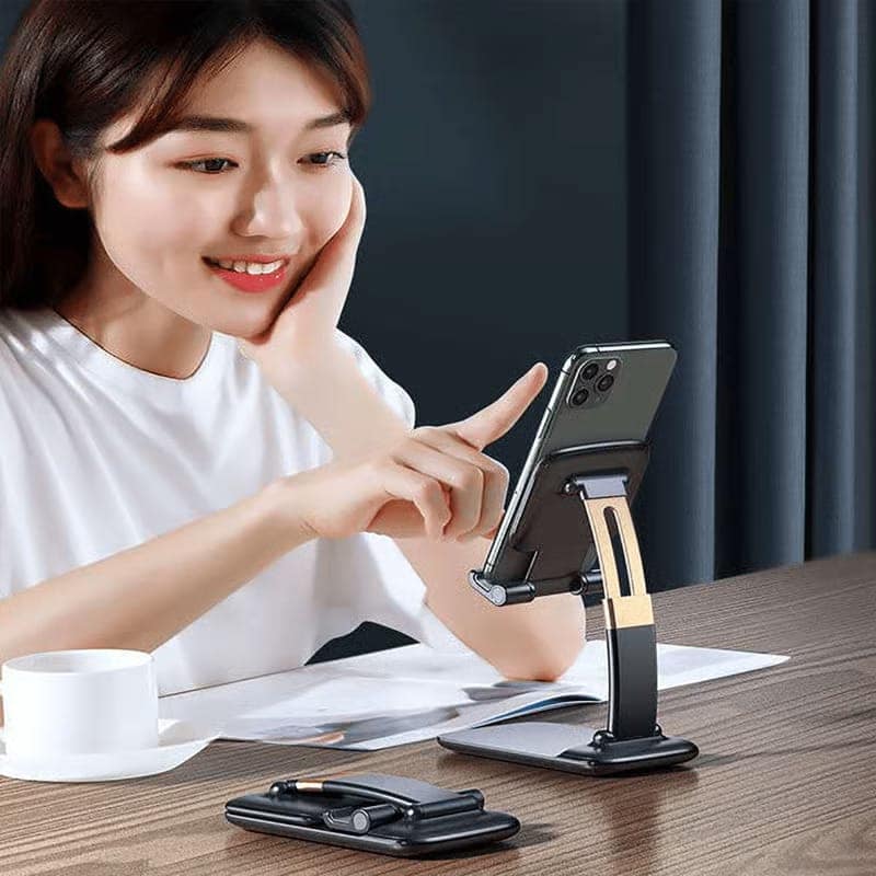 Foldable Adjustable Mobile Phone & Tablet Stand - Dark Grey with Gold Accents view 7
