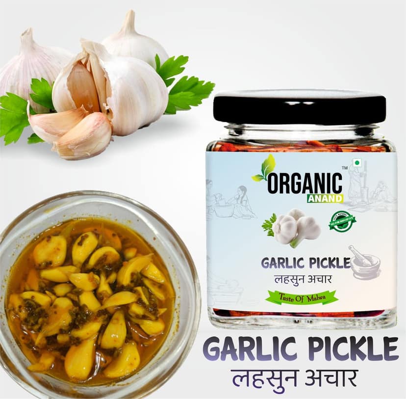 Organic Anand Natural Garlic Pickle (Lahsun Ka Achar), Homemade No Artificial Colors Aachar (Tangy and Delicious) with Neemwood spoon (250gm-Pack of 1)
