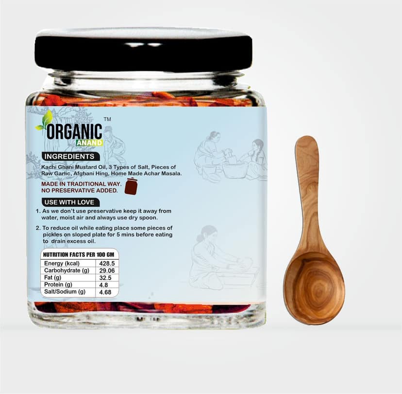 Organic Anand Natural Garlic Pickle (Lahsun Ka Achar), Homemade No Artificial Colors Aachar (Tangy and Delicious) with Neemwood spoon (250gm-Pack of 1) view 3