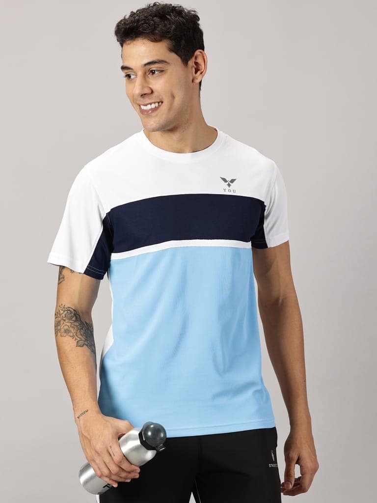 Polyester White & SkyBlue Round Neck