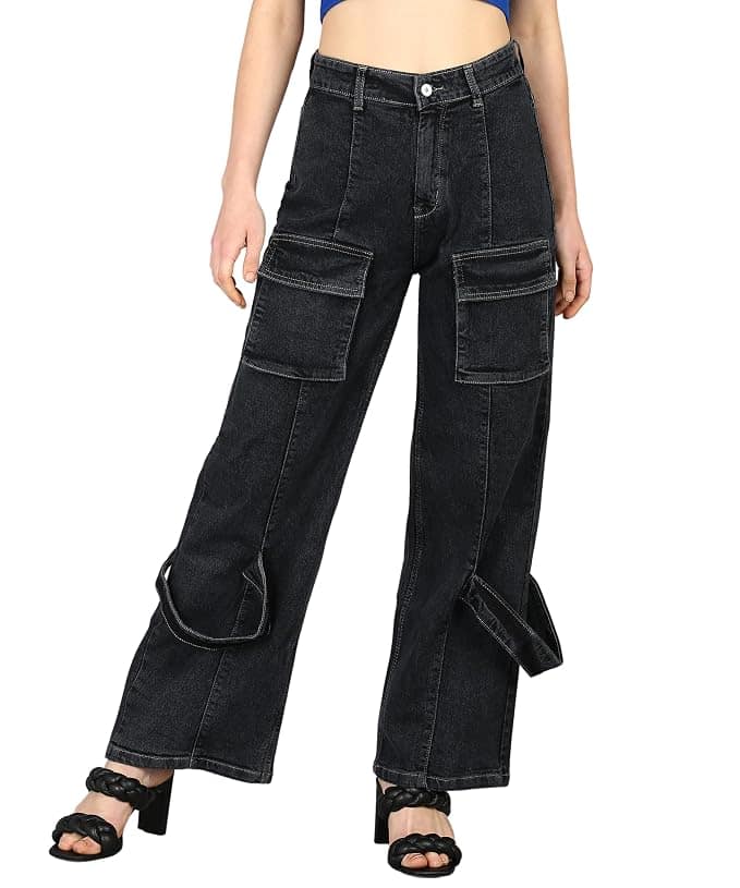 Glossia Fashion Women Cargo Jeans | High Rise Stretchable Baggy Wide LegDenim| Boyfriend Jeans for Women - Black, 30