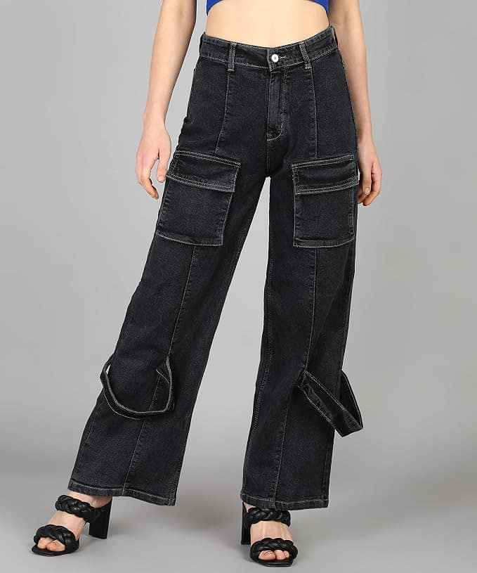 Glossia Fashion Women Cargo Jeans | High Rise Stretchable Baggy Wide LegDenim| Boyfriend Jeans for Women - Black, 30 view 2
