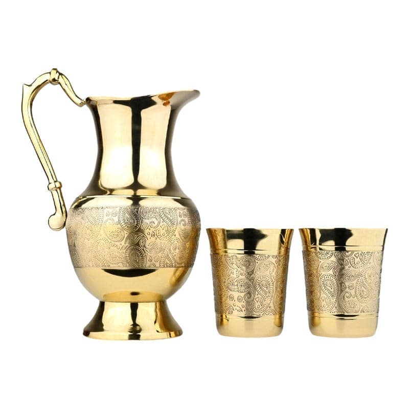 Mughlai Brass Jug with Set of 2 Pure Brass Tumblers Elegant Water Storage Set view 2