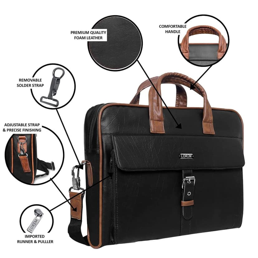 LOREM Black Color Faux Leather 10L Laptop Messenger Bag For Men BG56 view 4