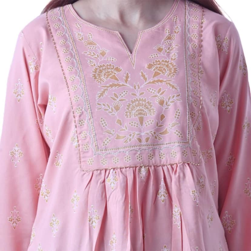 Women's Cotton Fabric Designer Block Printed with Zari Work A-line Top Color- Light Pink view 5