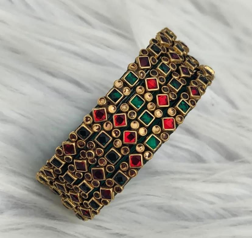 Designer Antique Gold Plated Bangle Set with Red and Green Stones for Women view 2