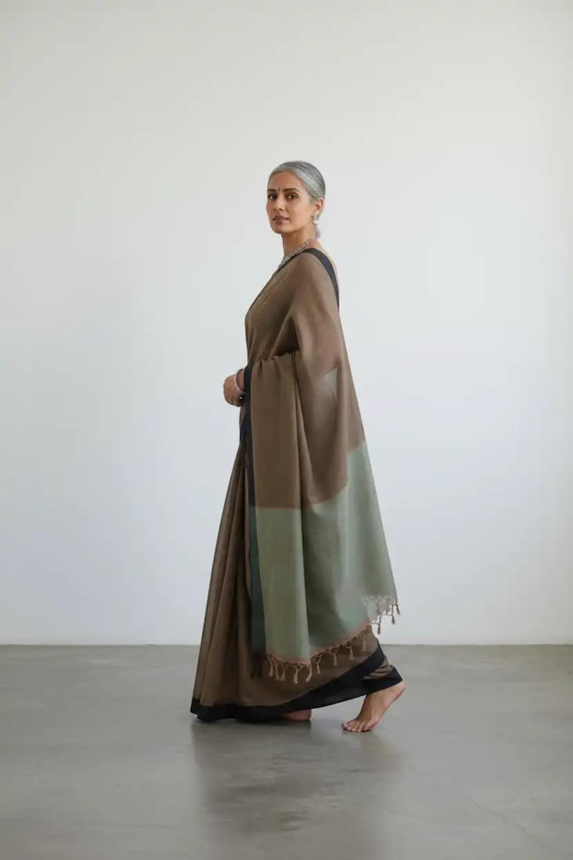 Handwoven Ilkal Cotton Saree in Taupe Brown with Sage Green Pallu