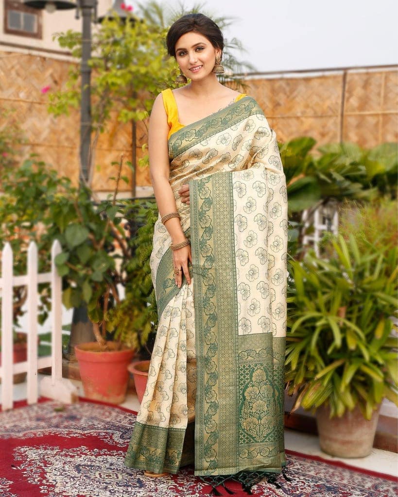 Banarasi Silk Saree Beige Color with contrast pallu and blouse-8804 view 2