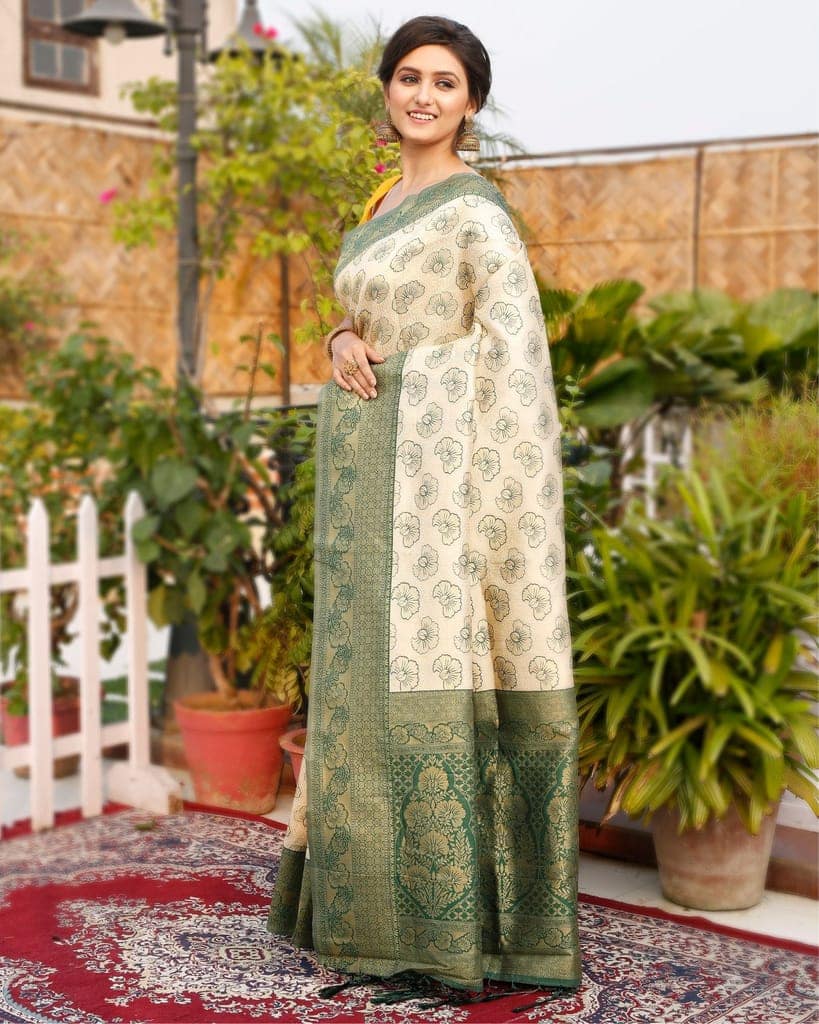 Banarasi Silk Saree Beige Color with contrast pallu and blouse-8804 view 3