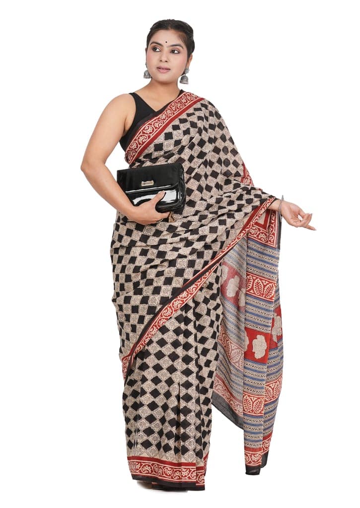 Bagru Handblock Printed Cotton Saree With Blouse - (1TTXSARRJ17106-19) view 3
