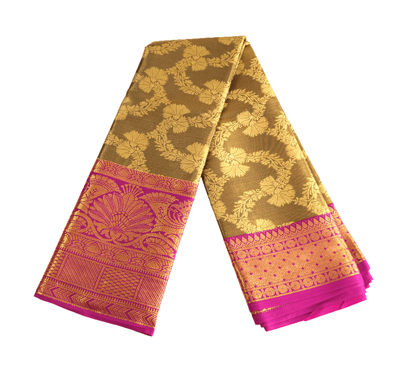 Golden Bronze Imitation Pattu Saree with Pink Zari Border view 2