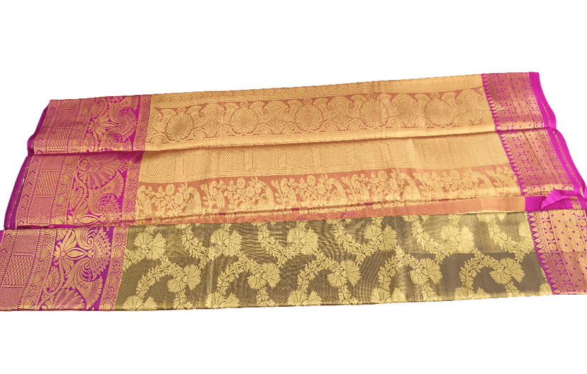 Golden Bronze Imitation Pattu Saree with Pink Zari Border view 3