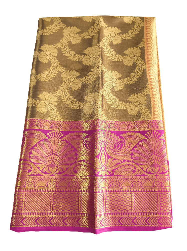 Golden Bronze Imitation Pattu Saree with Pink Zari Border view 4