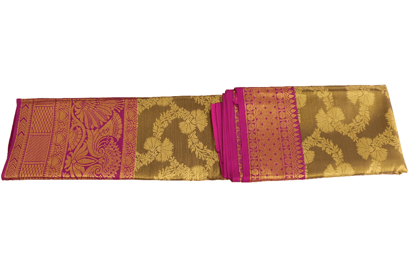 Golden Bronze Imitation Pattu Saree with Pink Zari Border view 5