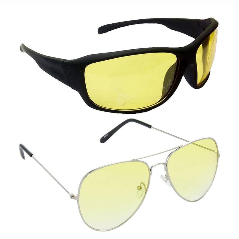 HRINKAR Men Women Boys & Girls Pilot Sunglasses Black & Silver Frame, Yellow & Yellow Lens (Medium) Pack of - 2