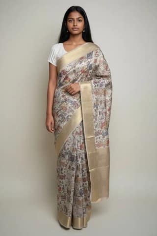 Pattachitra Tussar Silk Saree Folk Figures Gold Zari Border
