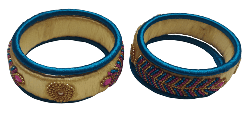 Blue Silk Thread Bangle Set with Stone and Pearl Embellishment view 2