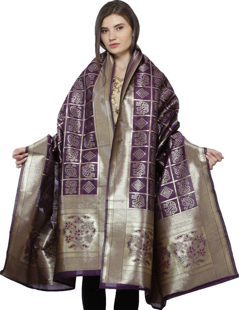 Purple-Passion Bandhani Gharchola Dupatta with Zari Weave and Brocaded Border