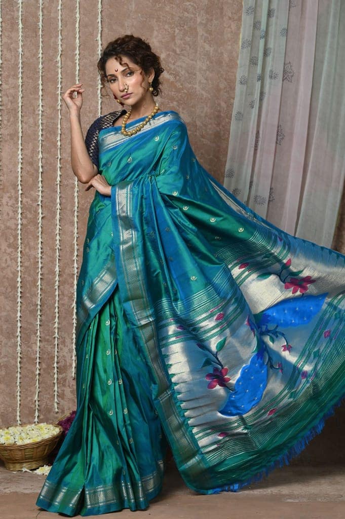 Chandrakor: Handloom Pure Silk Paithani Saree with Traditional Peacock Pallu ~ Cresent Blue