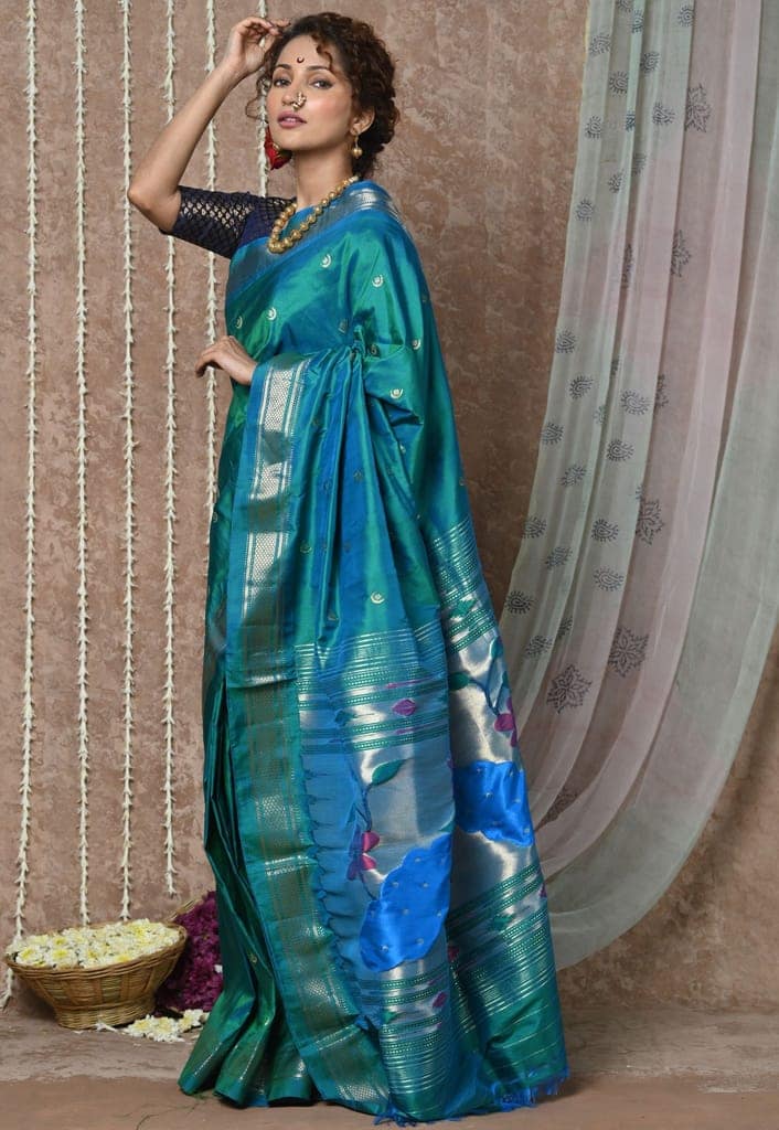 Chandrakor: Handloom Pure Silk Paithani Saree with Traditional Peacock Pallu ~ Cresent Blue view 2