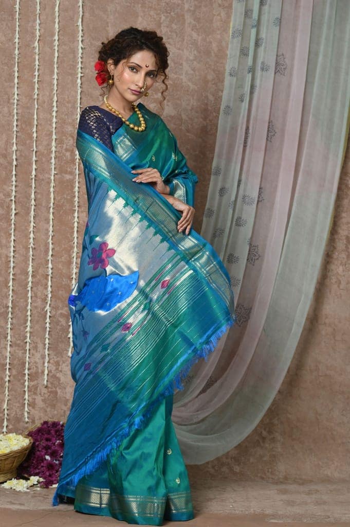 Chandrakor: Handloom Pure Silk Paithani Saree with Traditional Peacock Pallu ~ Cresent Blue view 3