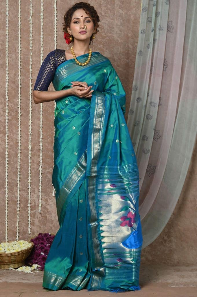 Chandrakor: Handloom Pure Silk Paithani Saree with Traditional Peacock Pallu ~ Cresent Blue view 4