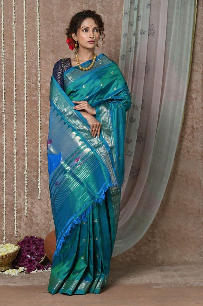 Chandrakor: Handloom Pure Silk Paithani Saree with Traditional Peacock Pallu ~ Cresent Blue view 5