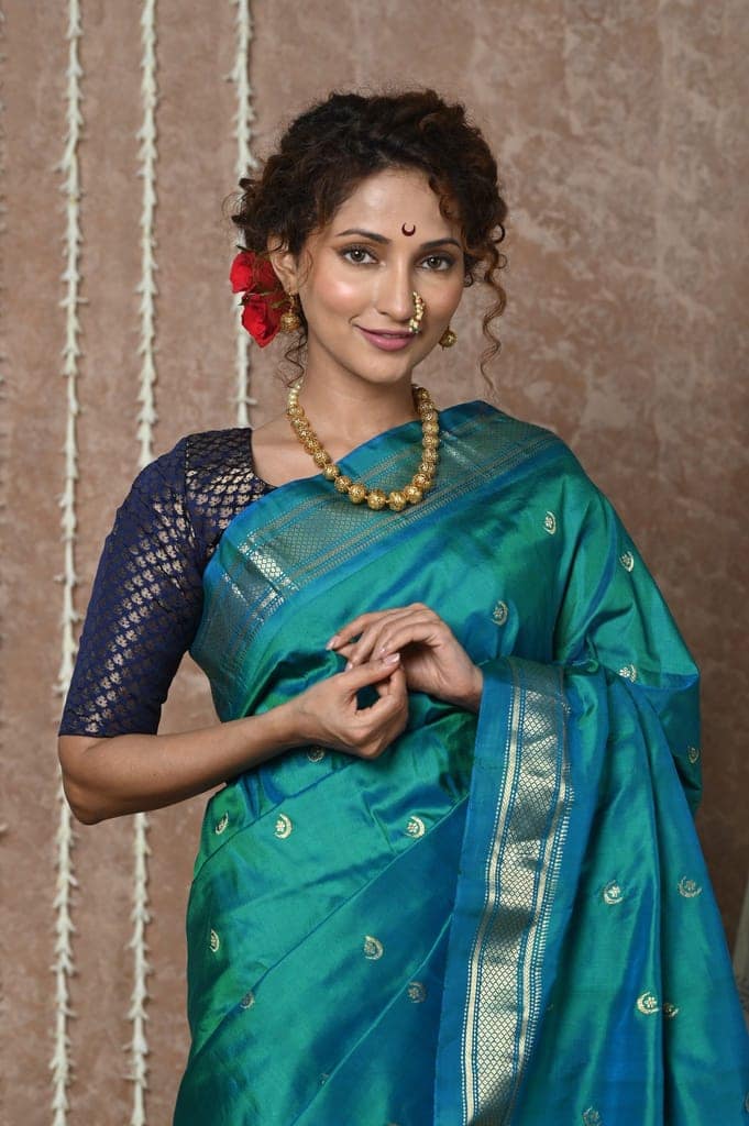 Chandrakor: Handloom Pure Silk Paithani Saree with Traditional Peacock Pallu ~ Cresent Blue view 6
