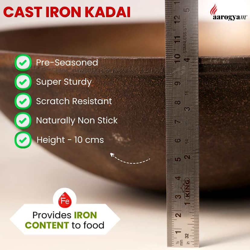 Aarogyam Cast Iron Double Handle Round Loha Kadai, 12 Inch Diameter (30 cm) Cast Iron, Pre Seasoned, Naturally Non-Stick, Toxin-Free, Compatible with Gas stove- Perfect For Deep Frying, Weight - 3.4 kg (Colour - Black) by Aarogyam - The Cast Iron Shop view 2